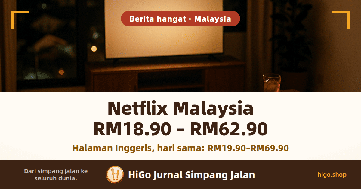 Ilustrasi: ruang tamu pada waktu malam, televisyen di hadapan sofa menyala dengan cahaya tanpa sebarang gambar, dengan tajuk Netflix Malaysia RM18.90 – RM62.90 dan, di bawahnya, Halaman Inggeris, hari sama: RM19.90–RM69.90