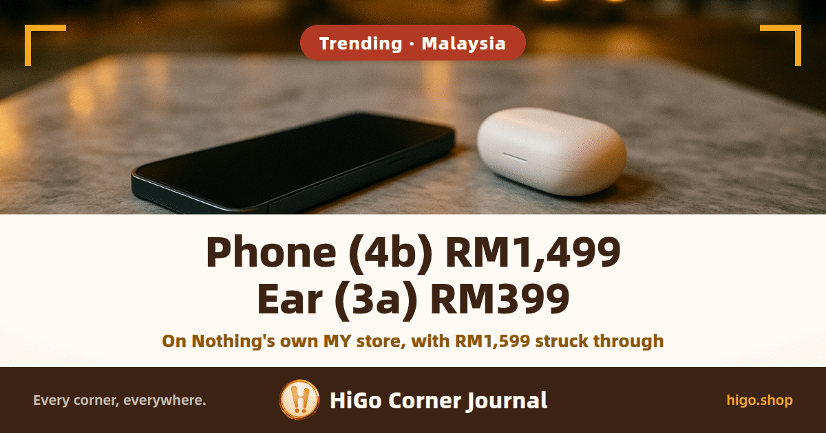 Illustration: a marble-topped table on a street at night, a dark phone with its screen off lying next to a small white pebble-shaped earbud case, blurred street and car lights behind; text: Phone (4b) RM1,499, Ear (3a) RM399 and, below it, On Nothing's own MY store, with RM1,599 struck through
