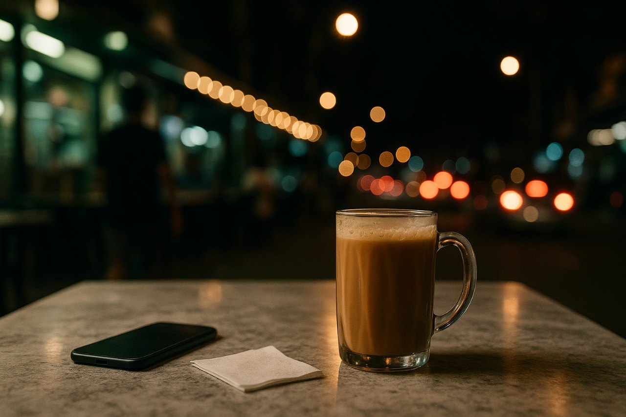 Illustration: a marble-topped table on a street at night, a phone lying face up on it with its screen blank, a glass of teh tarik and a paper napkin beside it, shopfront lights and car lights blurred behind