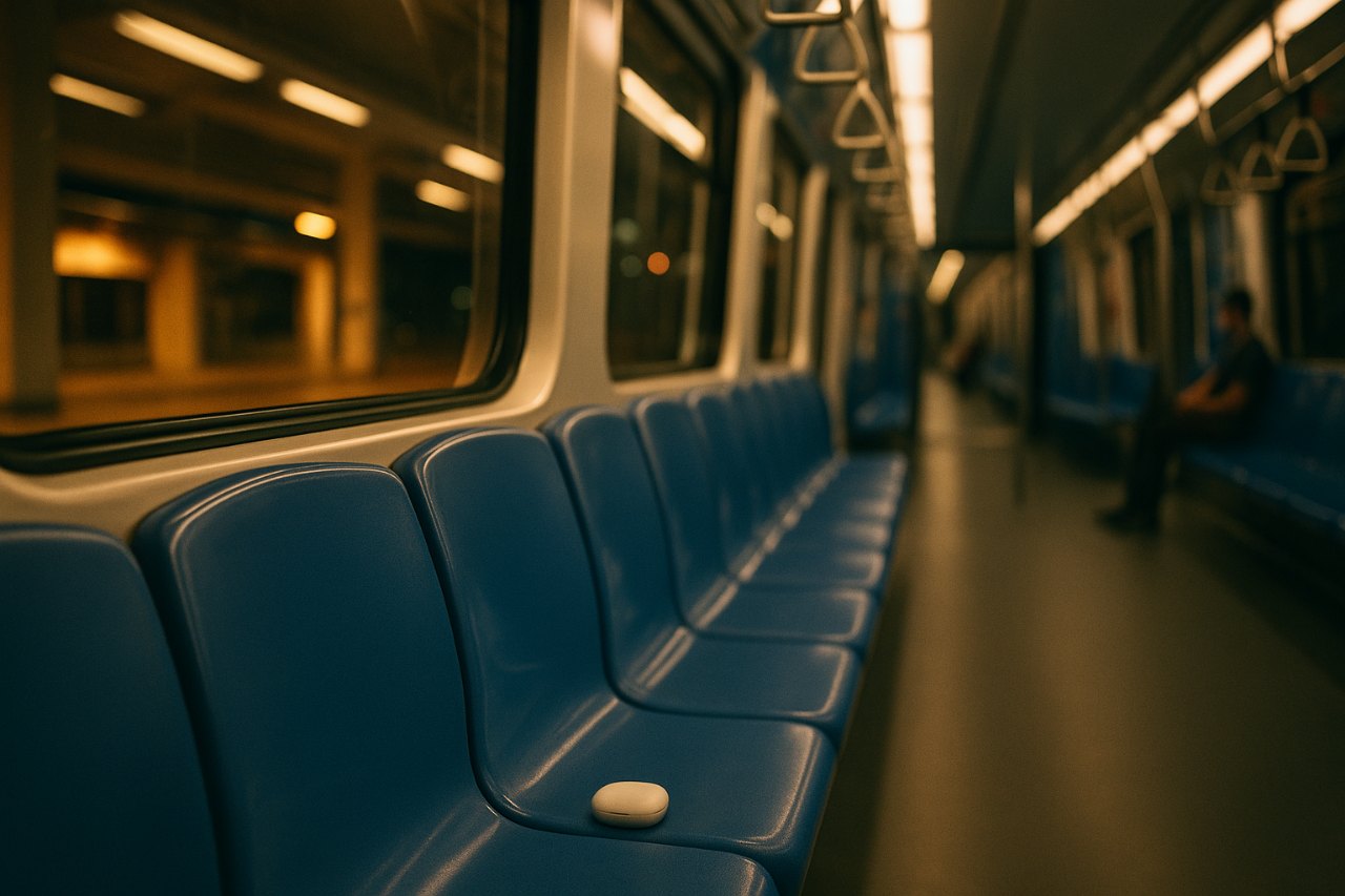 Illustration: a commuter train carriage at night, a row of empty blue seats, a small round white earbud case left on one of them and a blurred figure sitting at the far end