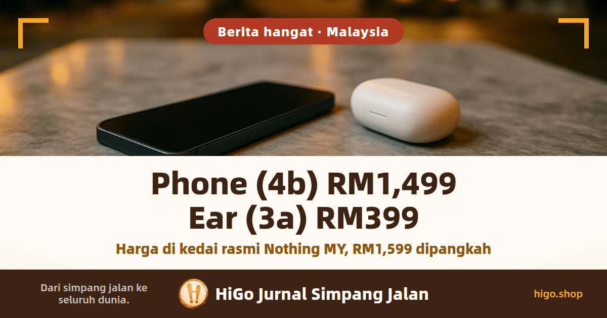 Ilustrasi: sebuah meja marmar di tepi jalan pada waktu malam, sebuah telefon gelap dengan skrin padam di sebelah sebuah kotak fon telinga putih berbentuk batu kerikil, lampu jalan dan lampu kereta kabur di belakang; teks: Phone (4b) RM1,499, Ear (3a) RM399 dan, di bawahnya, Harga di kedai rasmi Nothing MY, RM1,599 dipangkah