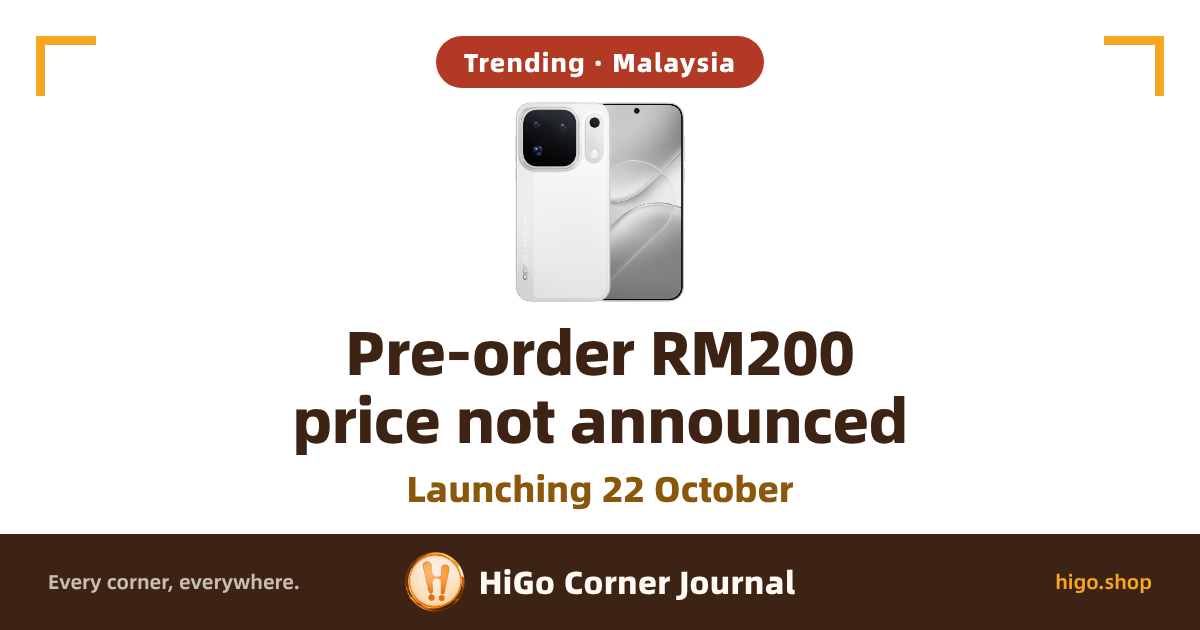 Cover card: a white phone on a white background, back on the left and front on the right, the top left of the back carrying a rounded-square dark camera area with three lenses in a triangle; a gold right-angle bracket sits in each top corner. Text: a dark red rounded chip at the top reads 'Trending · Malaysia', two lines of large dark brown type read 'Pre-order RM200' and 'price not announced', a gold line below them reads 'Launching 22 October', and a dark brown strip at the foot reads 'Every corner, everywhere.', 'HiGo Corner Journal', 'higo.shop'.
