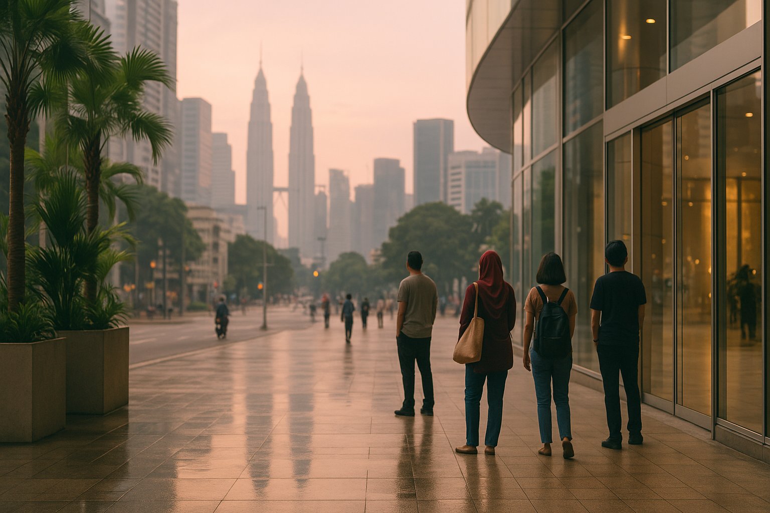 Awal pagi di tengah Kuala Lumpur: beberapa orang menunggu di kaki lima di luar sebuah bangunan kaca, dengan panorama bandar di belakang