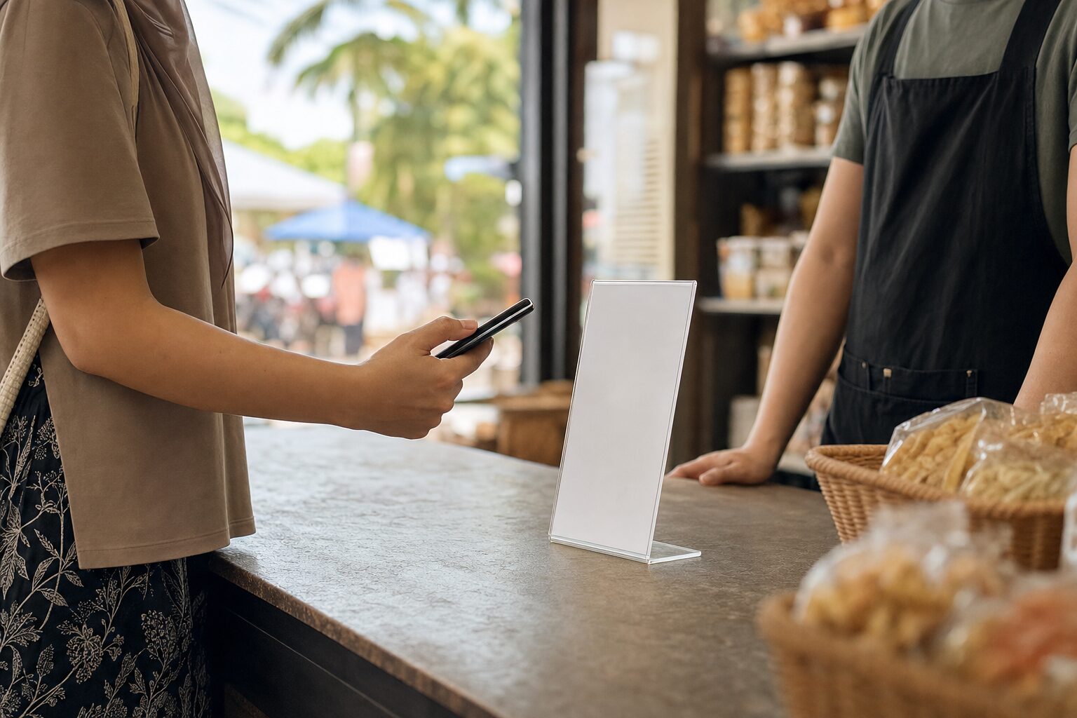 马来西亚一间小店的柜台,一名顾客站在柜台前举着手机对着柜台上一块空白的亚克力立牌,立牌上没有任何字或标志;店主系着围裙站在柜台另一边等着,看不到脸;热带日光从敞开的店门照进来,背后的货架和货品是虚的。