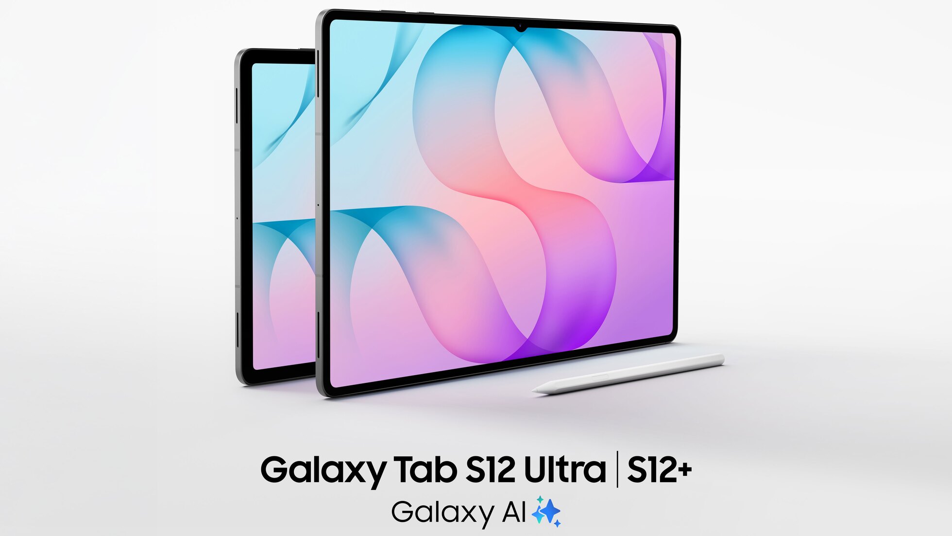 Two Galaxy Tab S12 tablets propped up side by side on a light grey background, with a silver S Pen lying in front on the right; text: Galaxy Tab S12 Ultra | S12+, Galaxy AI