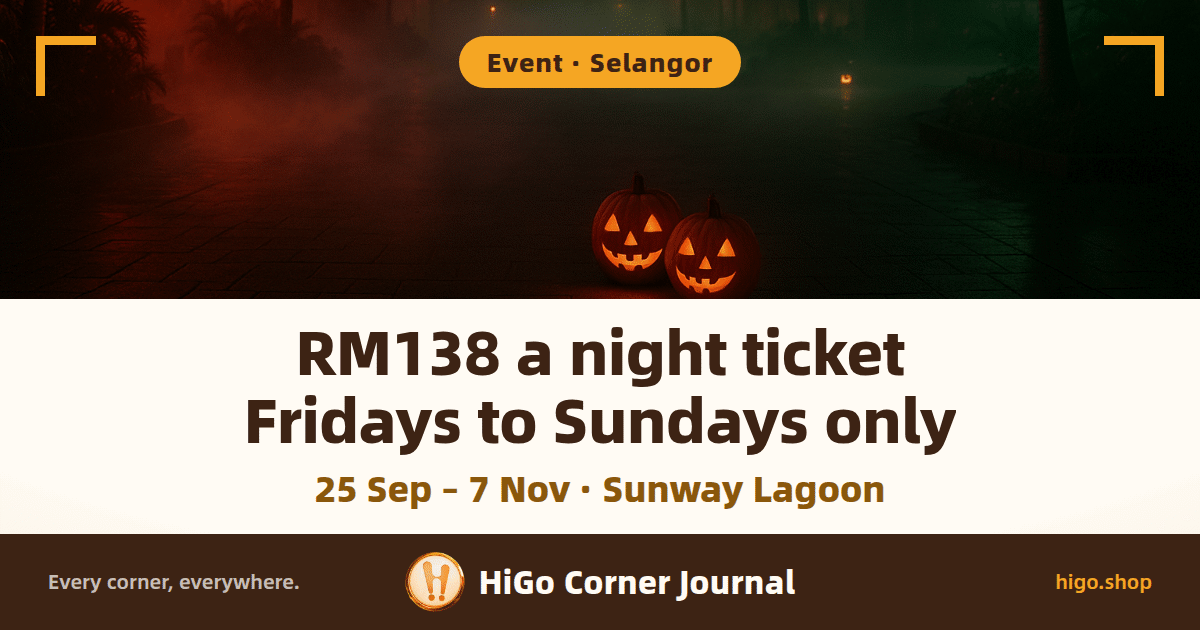 A tropical theme park after dark: thick fog rolling across an empty walkway, two lit jack-o'-lanterns set in the middle of the path, red light from the left and deep green light from the right falling on the palm trees along both sides; text: RM138 a night ticket, Fridays to Sundays only, and below it, 25 Sep – 7 Nov · Sunway Lagoon