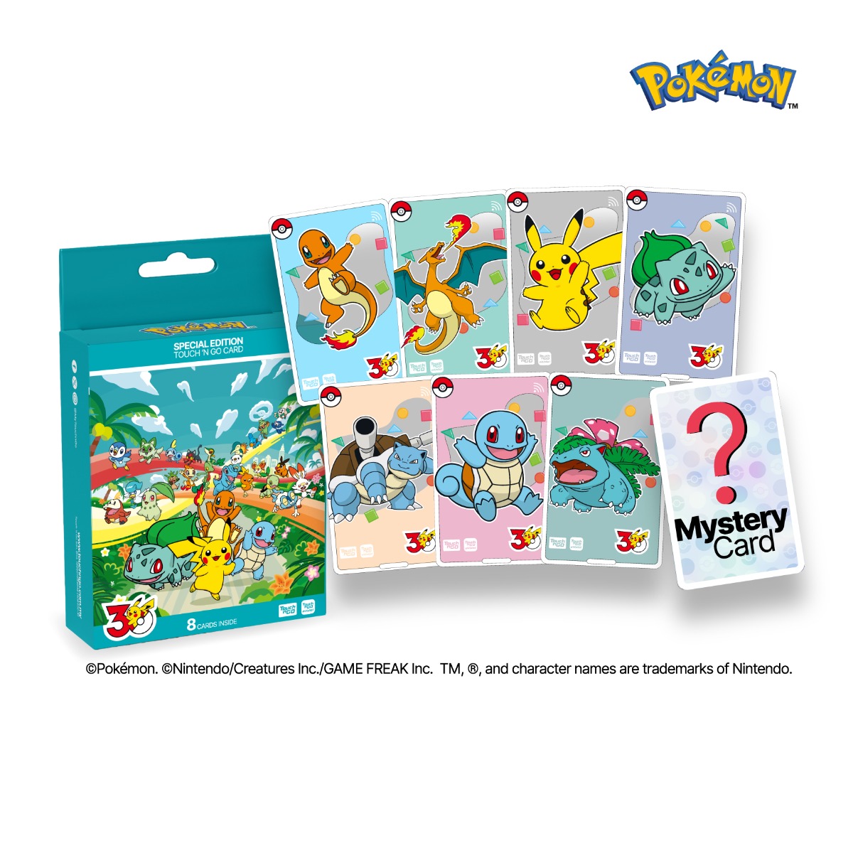 官方整盒产品图：一个青绿色纸盒，正面印着「POKÉMON」「SPECIAL EDITION」「TOUCH 'N GO CARD」，盒底一行「8 CARDS INSIDE」；盒子右边摊开同样的八张卡。